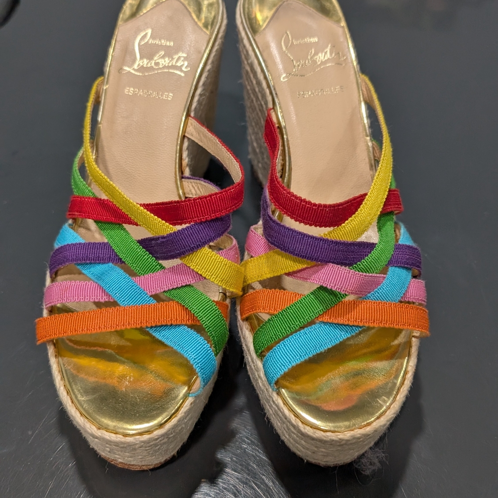 Christian Louboutin Gold and Red Espadrilles with Woven Wedge